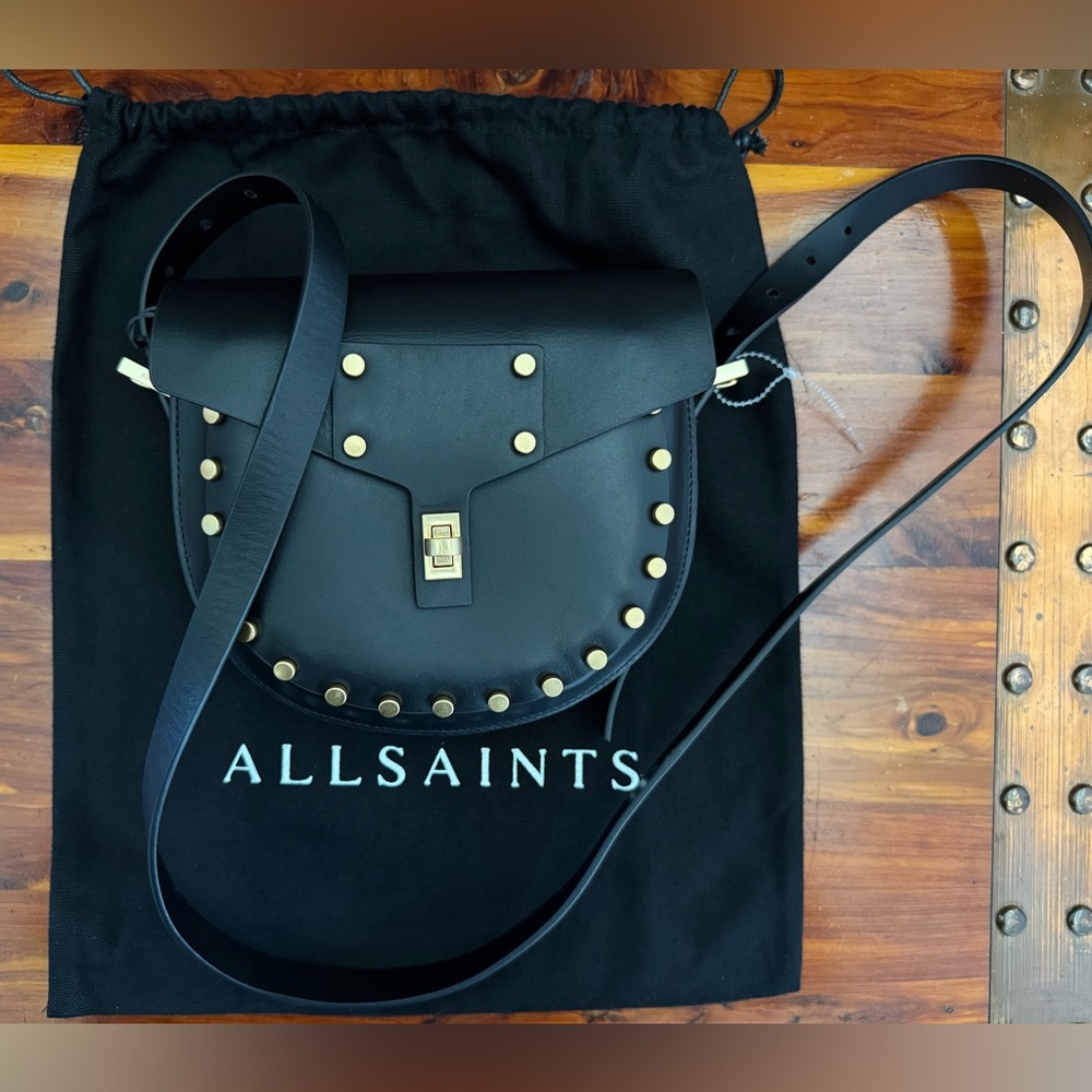 AllSaints Miro Mini Saddle Bag Black Studded Leather NWT + Dust Bag - Picture 2 of 15